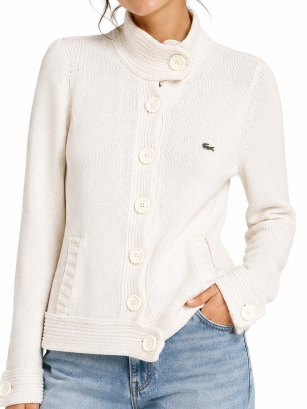 Vintage Lacoste Cream Chunky Knit Cardigan Sweater High Collar Button Front Larg
